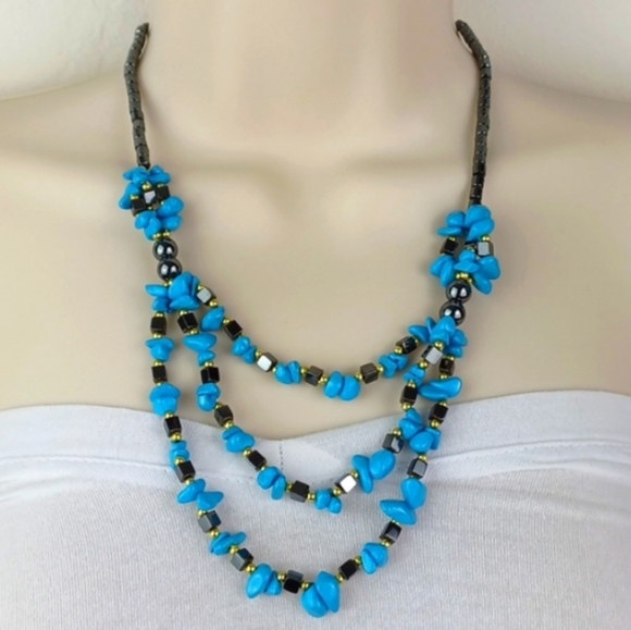 Beachy Boho Black Gold & Turquoise Blue Very Glass/Stone Like Beaded 3 Layer Ne… - Picture 7 of 10